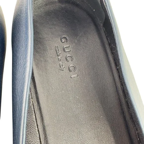 GUCCI Sachalin Navy Blue Leather GG Front Logo Cap Toe Ballet Flats 41 - 11US